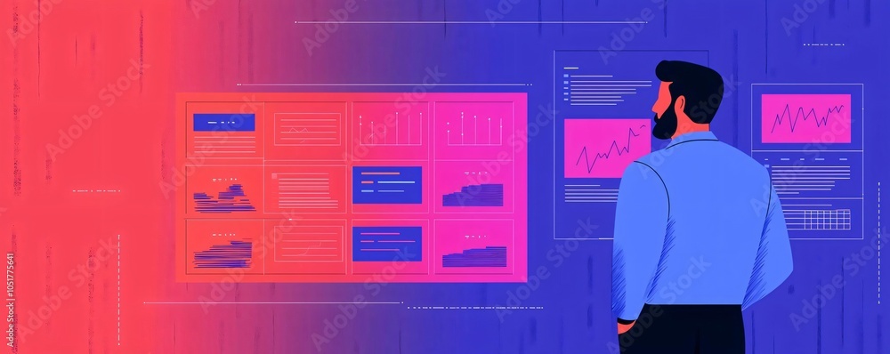 Poster businessman analyzing data metrics on colorful digital screens in a modern workspace, representing b