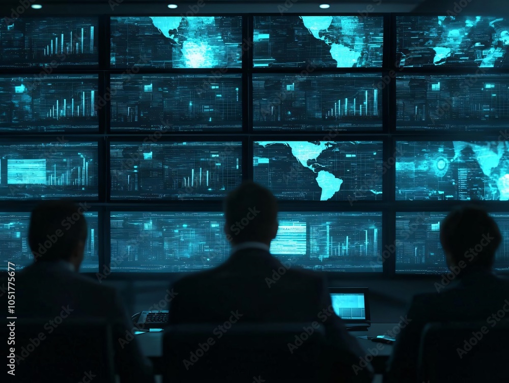 Poster business professionals analyzing data on multiple screens in a modern control room, showcasing advan