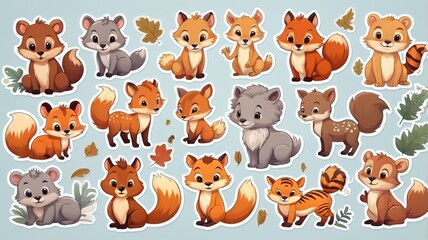 Adorable wild animal stickers, clip art style, isolated on a light background.