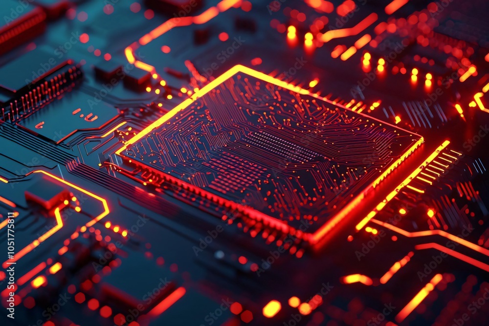 Poster close-up of a modern computer chip on a circuit board, illuminated with red lights, showcasing advan