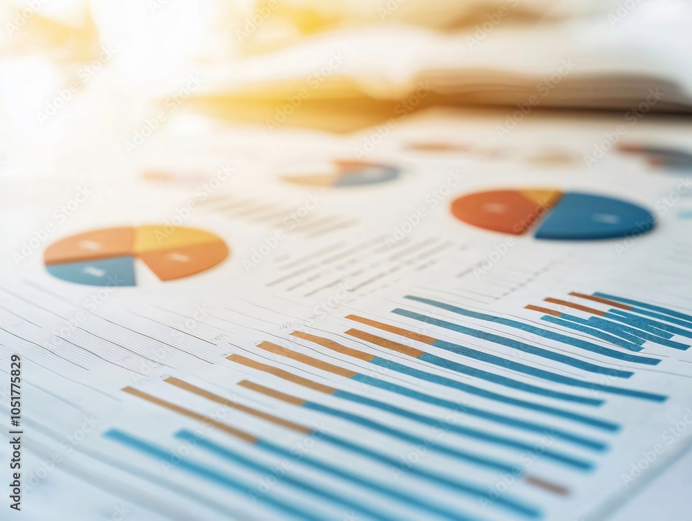 Poster close-up of colorful graphs and charts on paper, representing data analysis and business metrics in 