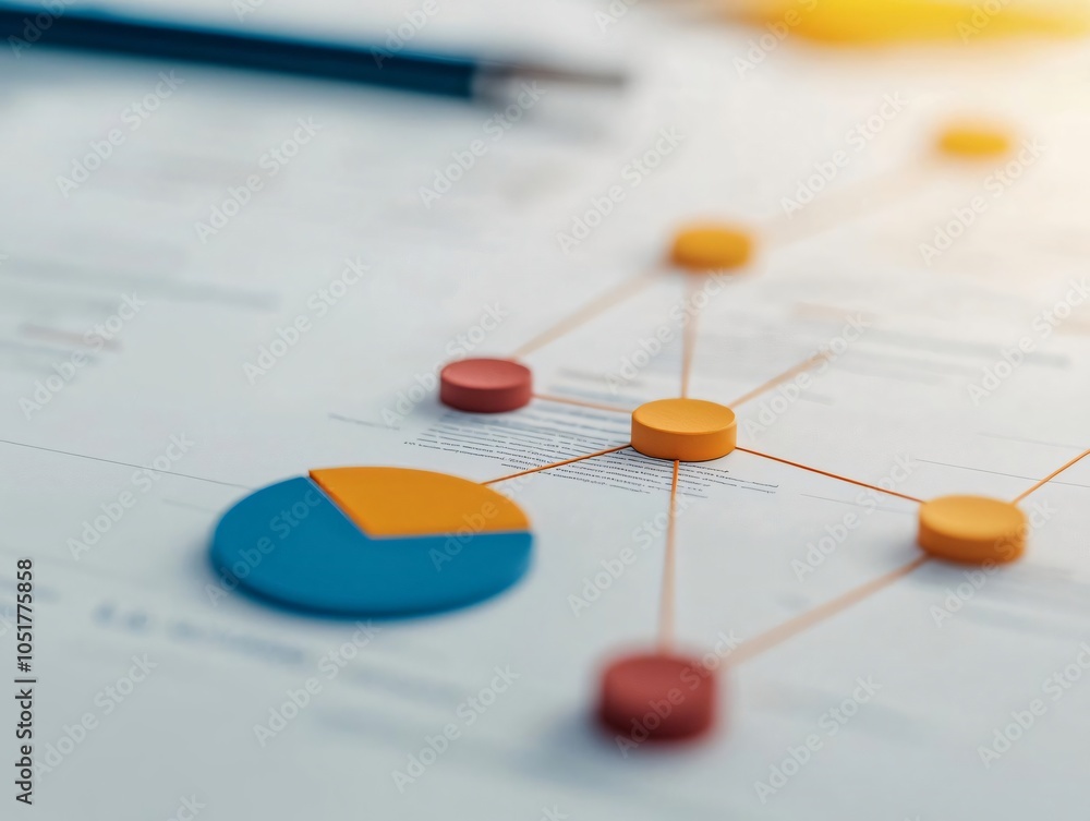 Poster close-up of data visualization with colorful graphs and network connections on a business report for