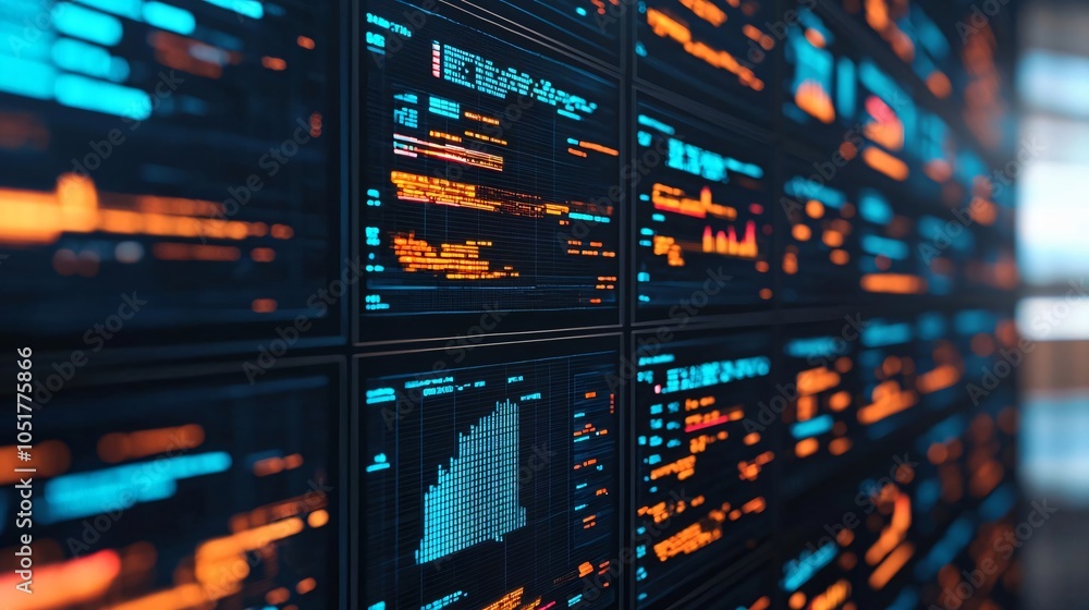 Poster close-up of digital data screens displaying graphs and statistics in vibrant colors, ideal for techn