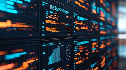 Close-up of digital data screens displaying graphs and statistics in vibrant colors, ideal for technology and data analysis themes.