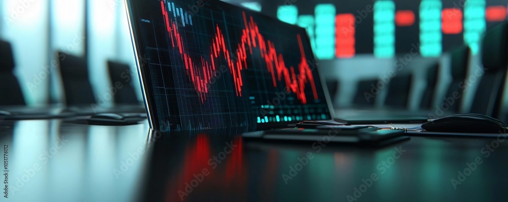 Poster close-up view of a laptop displaying financial data with red graph trends, symbolizing market declin