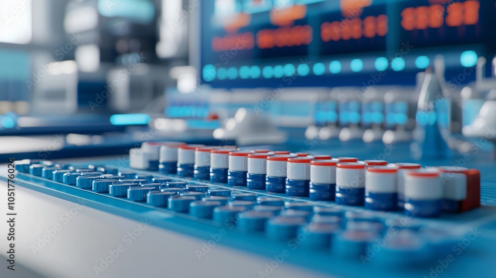 Poster close-up view of colorful control buttons on a modern scientific instrument, showcasing advanced tec