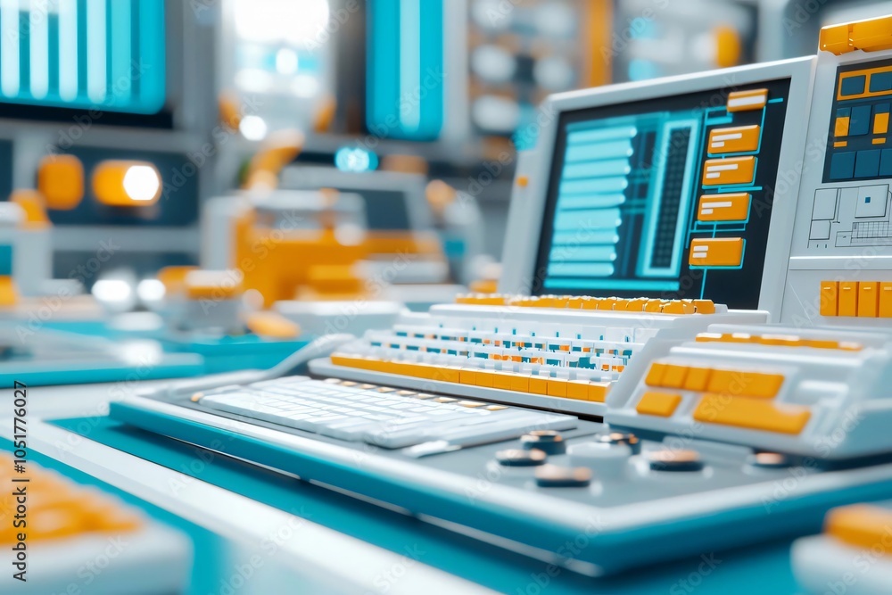 Poster close-up view of a futuristic computer setup with vibrant colors and advanced technology, showcasing