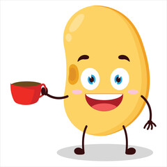 Obraz premium cute cheerful expression of soy bean carry cup of coffee cartoon character