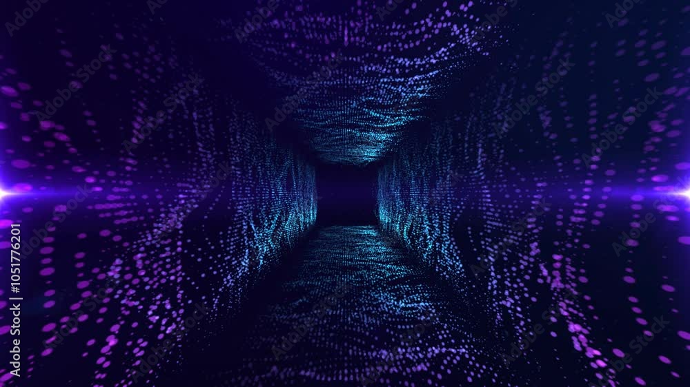 Poster traveling through the futuristic abstract particle tunnel, animated technology background, 4k loop