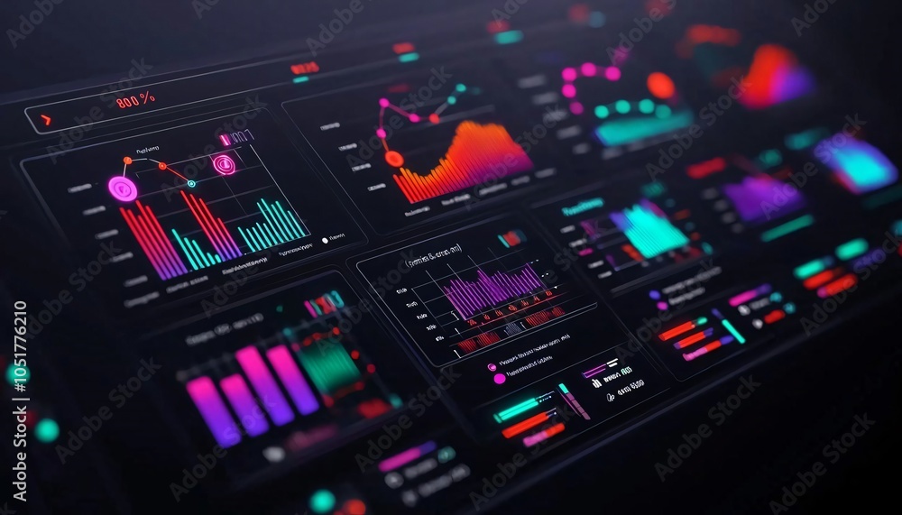 Poster colorful digital dashboard displaying various data visualizations and statistics on a futuristic int
