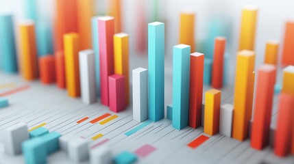 Fototapeta premium Colorful data visualization with vertical bars representing various statistics and trends in a modern, abstract design.