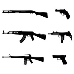 Silhouette black and white illustrations of various firearms including rifles, shotguns, pistols, and submachine guns. For military, law enforcement, tactical, or security-themed projects.