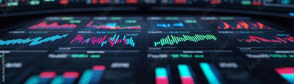 Poster dynamic financial dashboard featuring colorful graphs and charts for data analysis and market trends