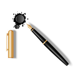 Elegant black and gold fountain pen with ink blot splatters realistic 3d vector illustration isolated on white. A symbol of timeless inspiration, breathes life into words and ideas.