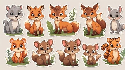 Obraz premium Cute wild animal sticker set, isolated clip art, perfect for light backgrounds.