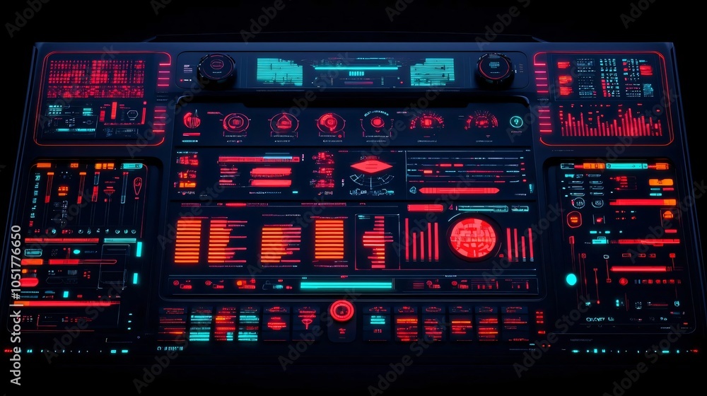 Poster futuristic control panel with vibrant lights showcasing complex data and interactive elements for te