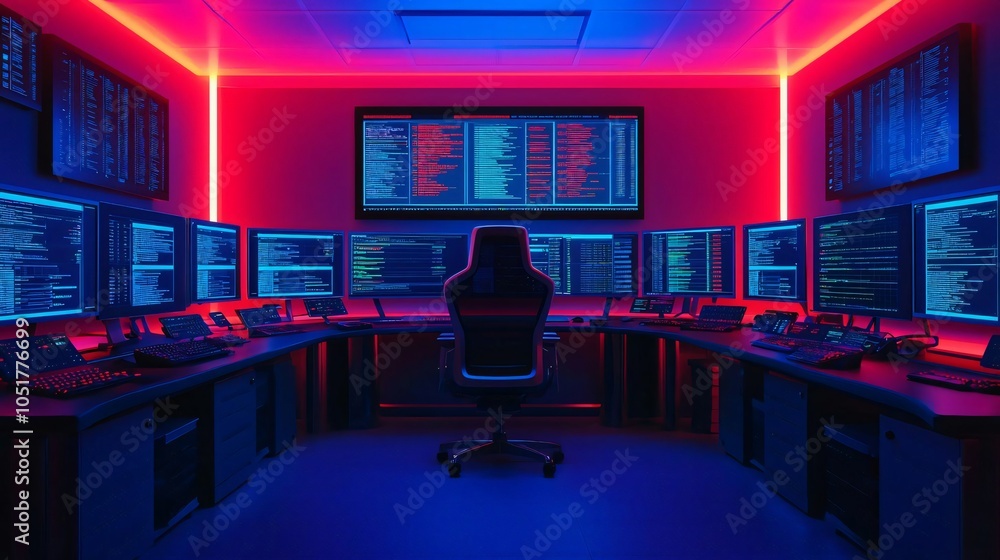 Poster futuristic control room illuminated by neon lights, featuring multiple computer screens displaying d