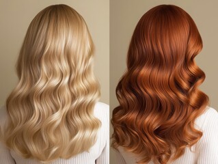 Fototapeta premium Sidebyside view of a woman s hair, from dull blonde to rich red waves, highgloss finish, light cascading on the curls, studio lighting