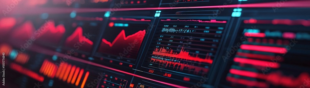 Poster futuristic data visualization interface displaying analytics and metrics in a vibrant red color pale