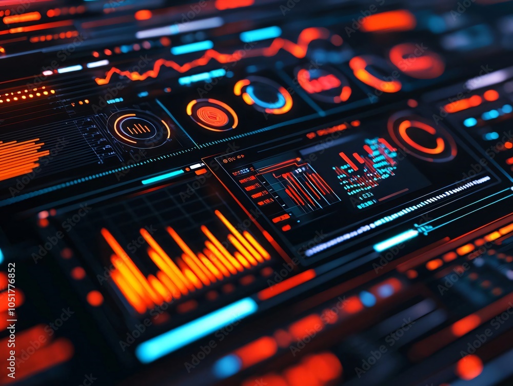 Poster futuristic data visualization interface with vibrant colors and intricate graphs showcasing analytic