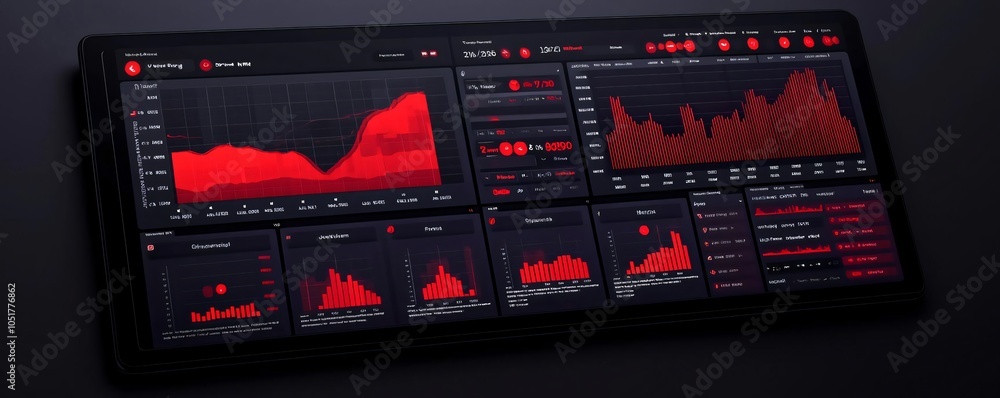 Poster futuristic digital dashboard displaying data visualizations in red tones. ideal for tech and data an
