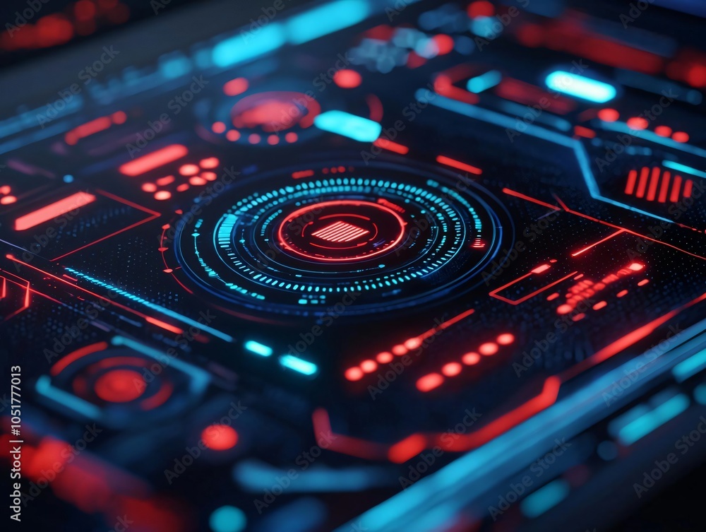 Poster futuristic interface design with glowing elements in red and blue on a dark background, ideal for te