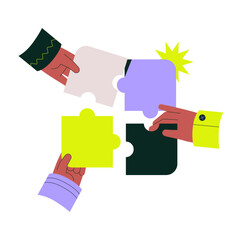 Collaboration with hands connecting puzzle pieces, symbolizing teamwork and unity, isolated vector illustration for cooperation, partnership, team building, and business success