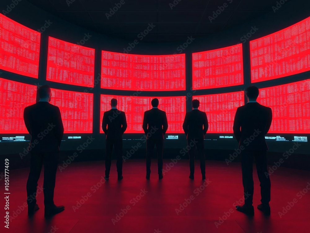 Poster group of professionals analyzing data on multiple screens in a dark futuristic environment with red 