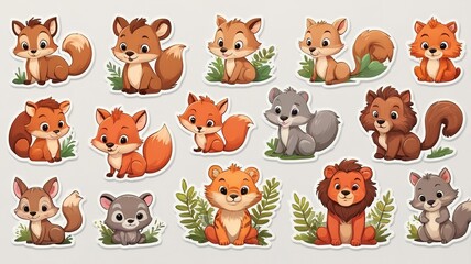 Obraz premium Cute wild animal sticker set, isolated clip art, perfect for light backgrounds.