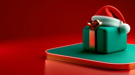 3D Festive Christmas Gift with Santa Hat and Ribbon. Christmas Theme