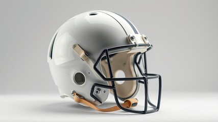 Fototapeta premium A pristine white helmet with a black facemask, a symbol of athleticism and dedication to the game, rests upon a stark white backdrop.