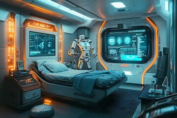 Futuristic medical room with robotic assistant and screens.