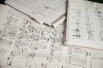 Close-up of notebooks and paperwork with schedules, diary and financial information