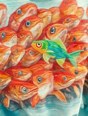 Fototapeta premium An artistic portrayal of a cluster of orange fish with large eyes, highlighting one distinct green fish among them.