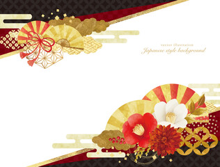 椿とゴールドの華やかな年賀状デザイン