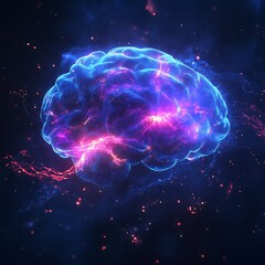 Naklejka premium Vibrant digital illustration of a brain with glowing neural connections.