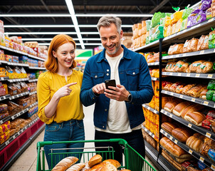 Obraz premium Happy Couple Shopping Together and Using Smartphone for Grocery List in Supermarket Bread Aisle