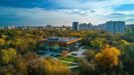Obraz premium autumn in the city, view of the city, panorama of the city, building in the forest, modern architecture, urban landscape