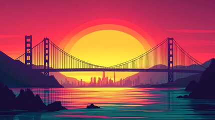 Obraz premium Flat silhouette of the Golden Gate Bridge, with a sunset sky transitioning from rich orange to dark red, emphasizing the bold shape of the bridge and the vibrant colors over San Francisco Bay.