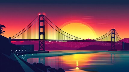Obraz premium Flat silhouette of the Golden Gate Bridge, with a sunset sky transitioning from rich orange to dark red, emphasizing the bold shape of the bridge and the vibrant colors over San Francisco Bay.