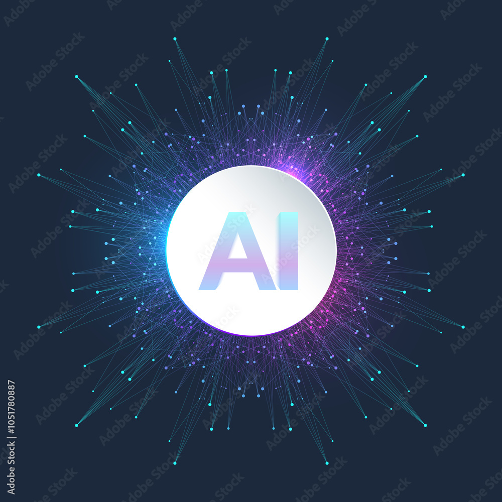 Poster AI Banner Concept In The Digital Style. Generative Ideas Design Element For Internet Technology. Futuristic Technology Concept Artificial Intelligence.
