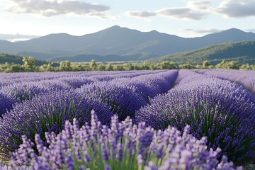 Fototapeta premium Expansive lavender fields under a serene mountain backdrop.