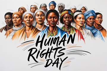 People of different ethnicities stand side by side together with text "Human rights day" on white background. AI generated