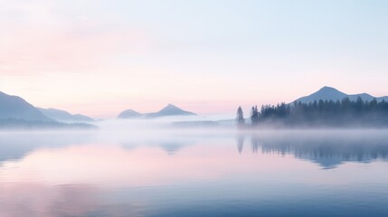Fototapeta premium image of a reflective lake surface at dawn, with mist rising from the water
