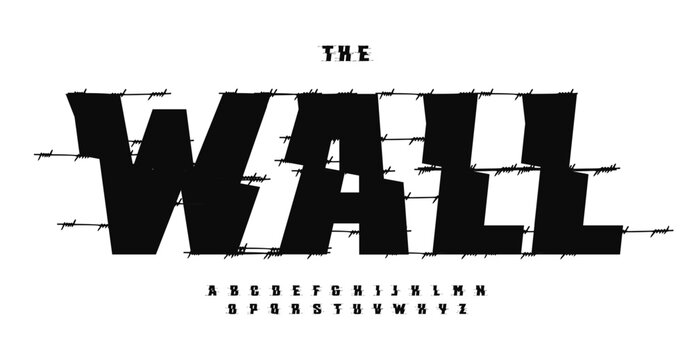 Bold displacment alphabet, wrapped barbed wire letters, gritty punk font for rebellious lettering, underground street branding, protest poster, dramatic signage with conflict and industrial toughness