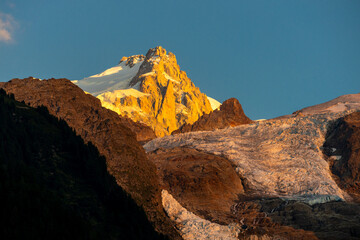 Chamonix rocky granite mountain peaks in french Alps around Mont Blanc summit in Chamonix valley....