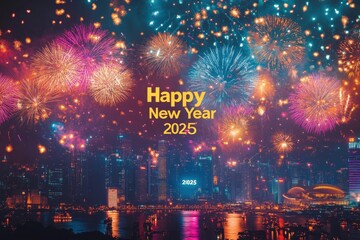 Fireworks Display Collage: Images of colorful fireworks exploding over a city skyline. The text "Happy New Year 2025" in bold, gold letters at the center.