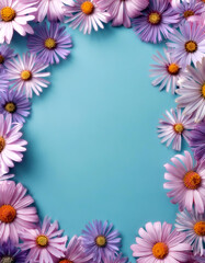 Obraz premium Symphyotrichum ericoides flower filling the edges of the frame isolated on a light blue background