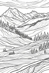 Fototapeta premium Mountain landscape coloring page: tranquil alpine scene with pine trees