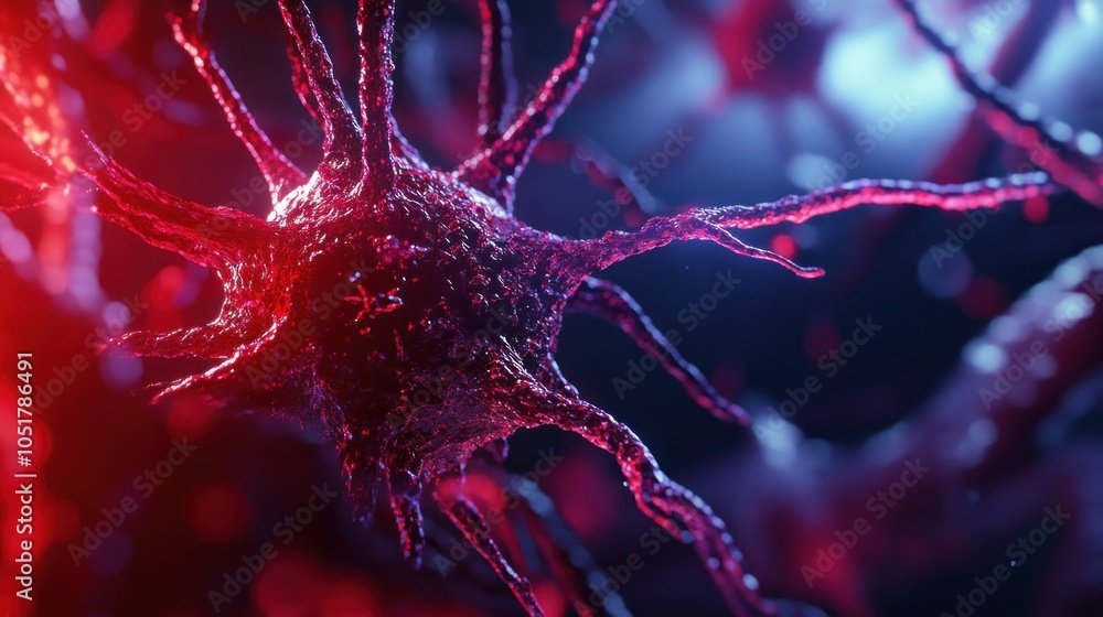 Poster a close-up of a neuron with its intricate network of dendrites and axons, highlighted by a dramatic 